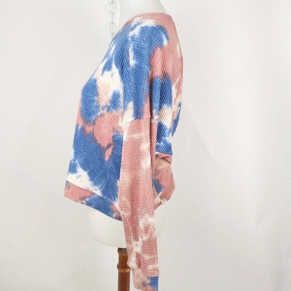 CLOUD CHASER Tie Dye Waffle Knit Long Sleeve Cozy Crop Top Open Back Womens M - Picture 3 of 7
